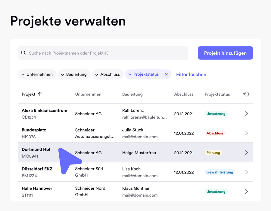Projektverwaltung in Trustlog