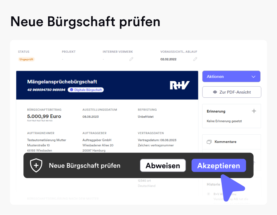Bürgschaft bearbeiten in Trustlog